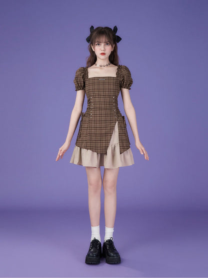 Lace-Up Checked Girly Puff-Sleeve ONE-PIECE