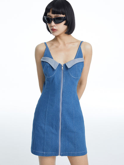 Denim Tight Short Front-Zip Casual ONE-PIECE