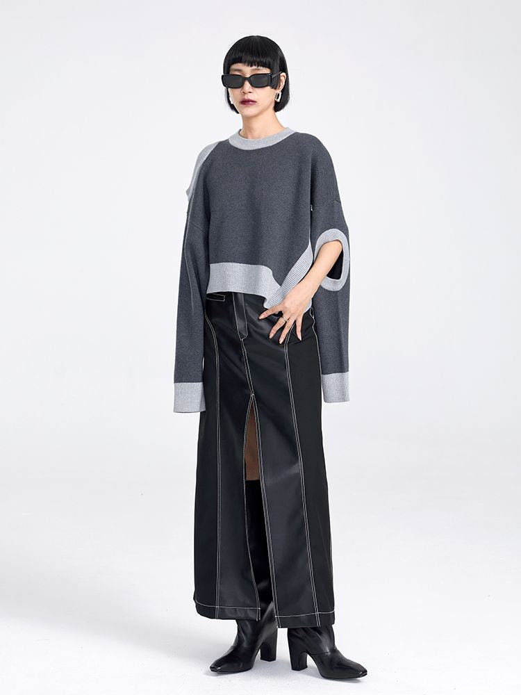 Sleeve-Hole Open-shoulder Nichi Bi-color Loose Knit