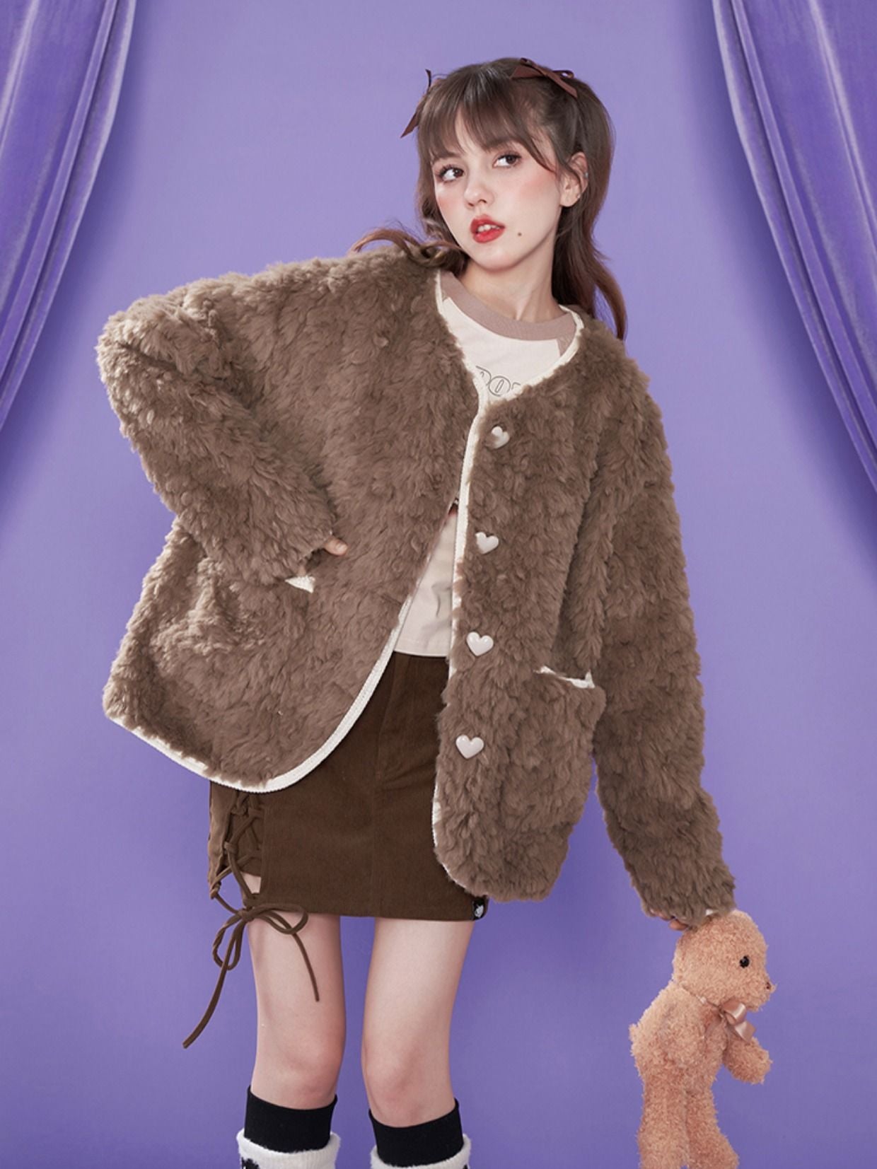 Heart NO-COLLAR FLUFFY BOA-COAT