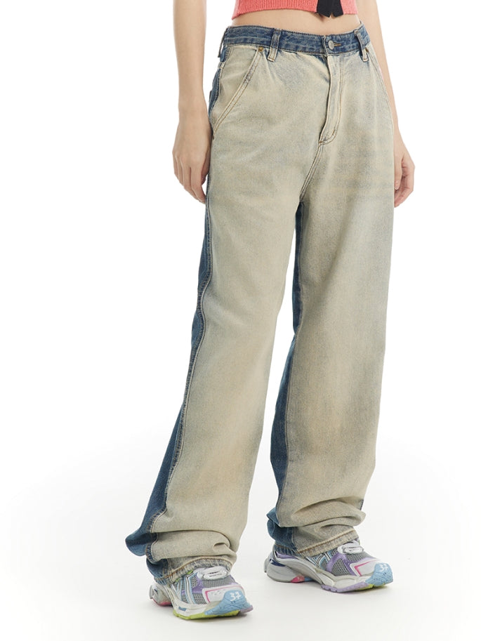 Nichi Contrast Faded-Denim Wide Casual Pants