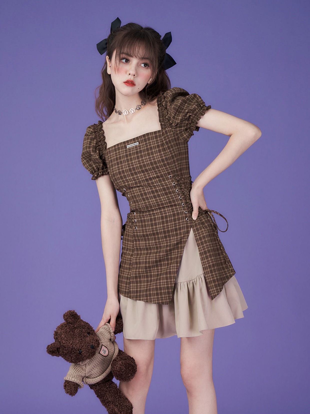 Lace-Up Checked Girly Puff-Sleeve ONE-PIECE