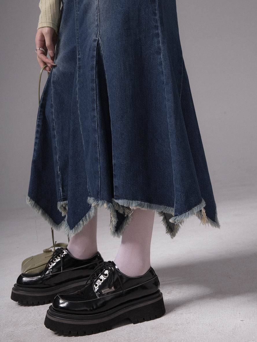 TASSEL MERMAID FADED-DENIM FLARE LONG-SKIRT