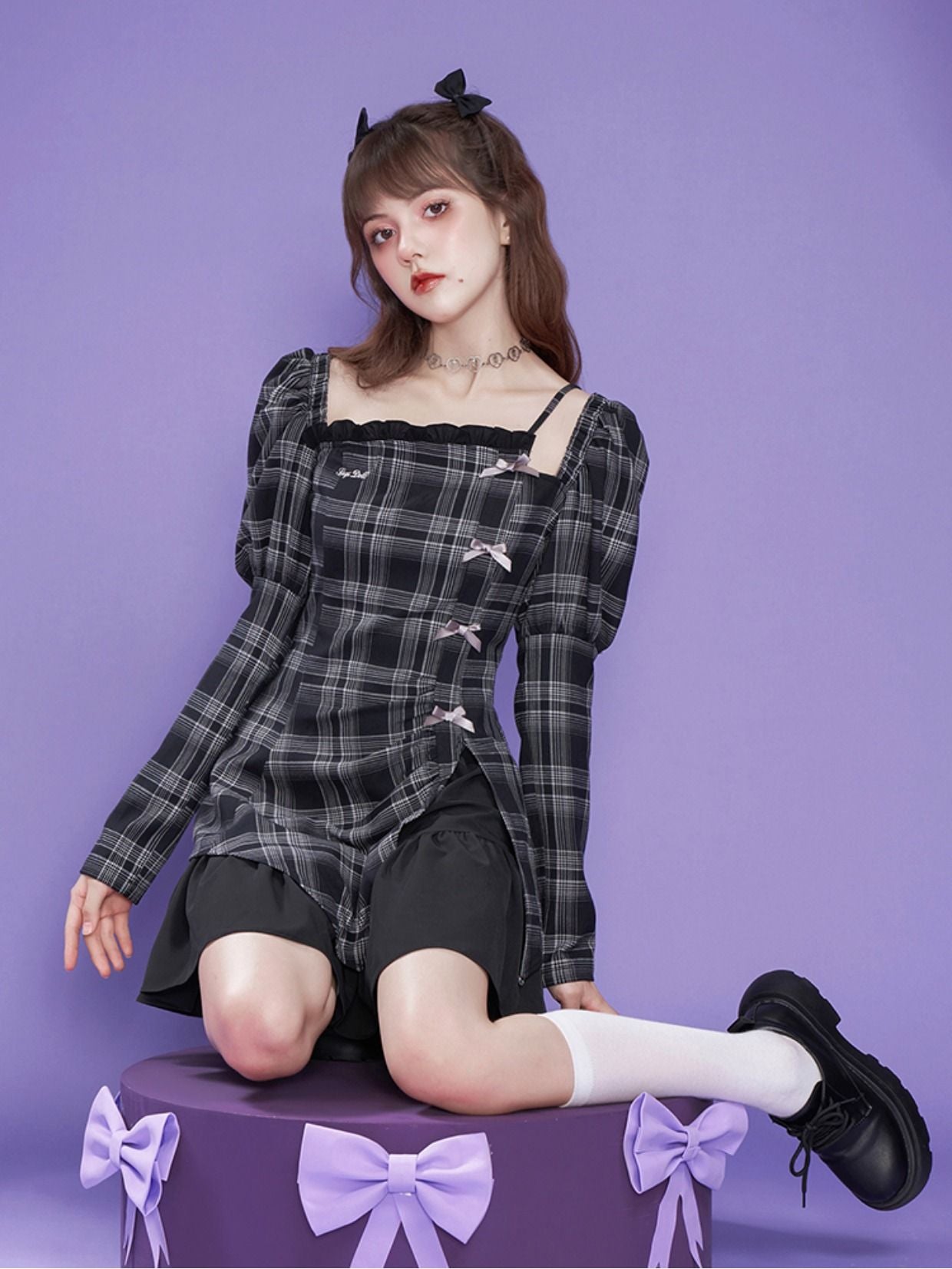 Checked Ribbon Frill Girly ONE-PIECE