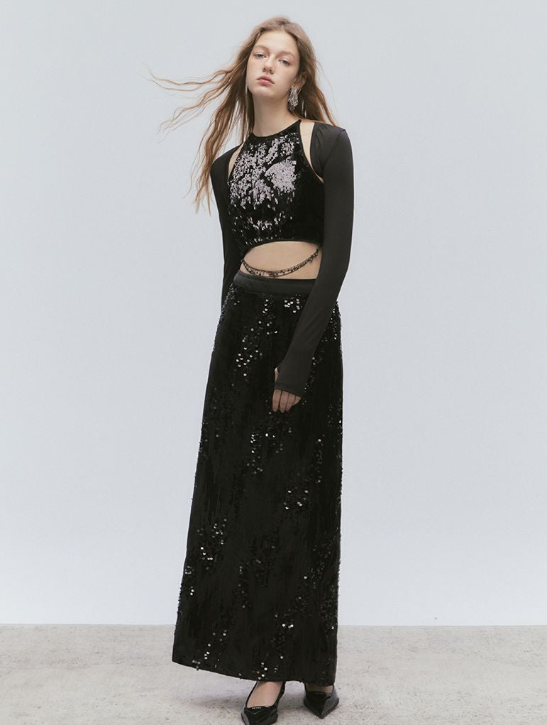 Chain Sequin LUSTER TOPS &amp; LONG-SKIRT