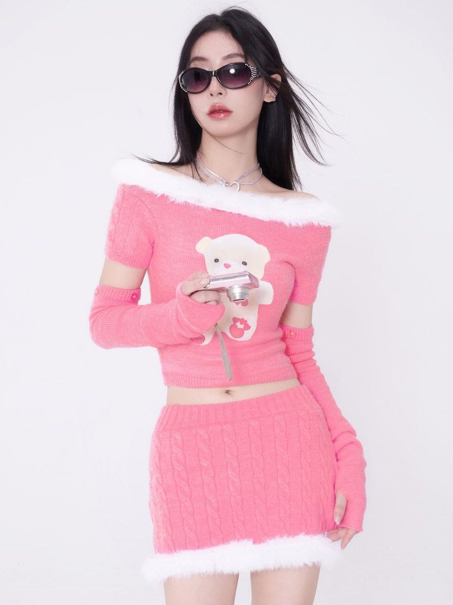 Boat-neck Fur Pop Cute Fluffy Arm-cover Knit&amp;Skirt