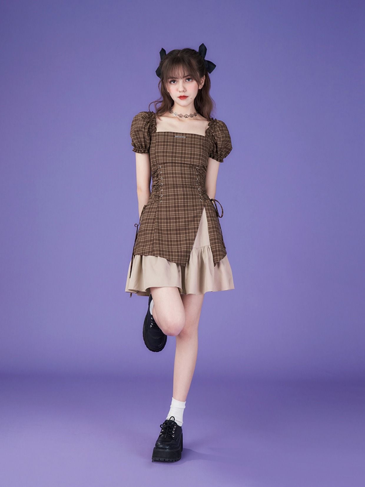 Lace-Up Checked Girly Puff-Sleeve ONE-PIECE