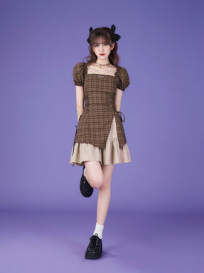 Lace-up Checked Girly Puff-sleeve One-piece