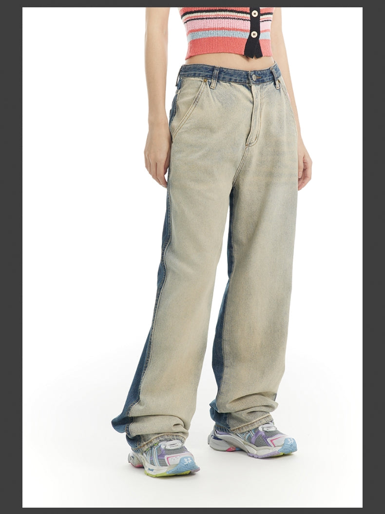 Nichi Contrast Faded-Denim Wide Casual Pants