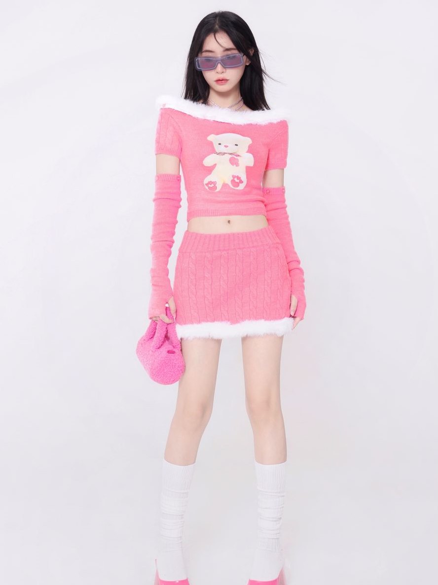 Boat-neck Fur Pop Cute Fluffy Arm-cover Knit&amp;Skirt