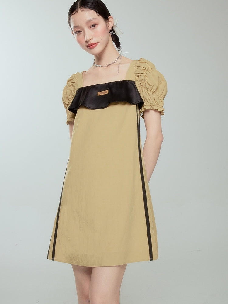 Puff-sleeve Crumply Bi-color Retro One-piece