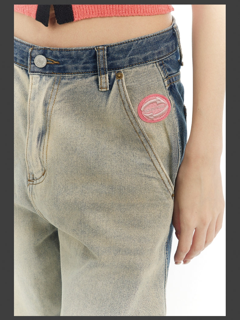 Nichi Contrast Faded-Denim Wide Casual Pants