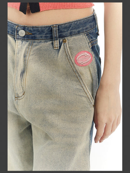 NICHI CONTRAST FADED-DENIM WIDE CASUAL PANTS