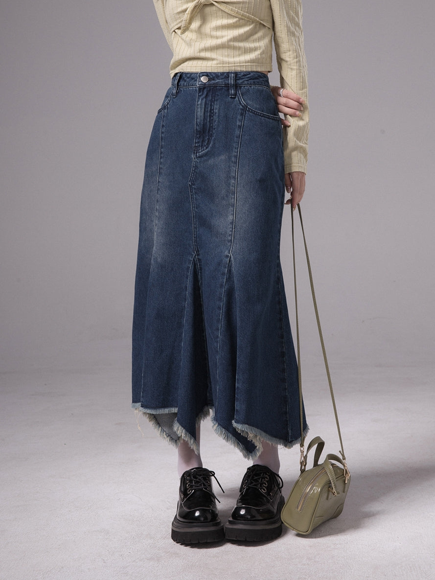 TASSEL MERMAID FADED-DENIM FLARE LONG-SKIRT