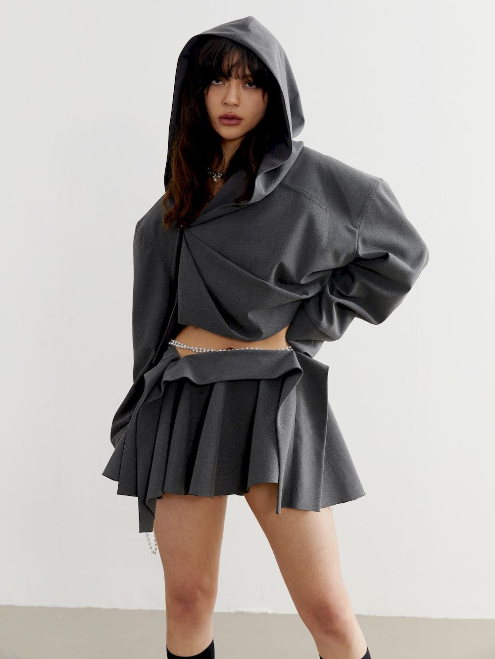 DRAPE HOODIE NICHI LOOSE CROPPED TOPS