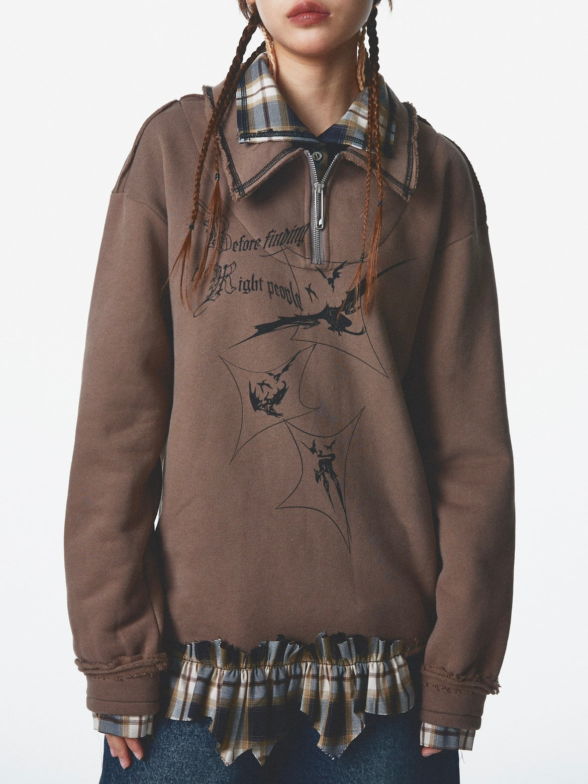 Stand Collar Plus Fleece -Stitching Printed Pullover