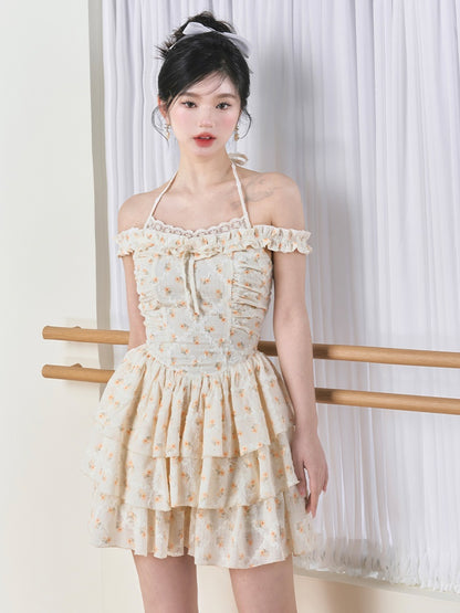 Floral Lace Shoulder Fluffy Cake Dress