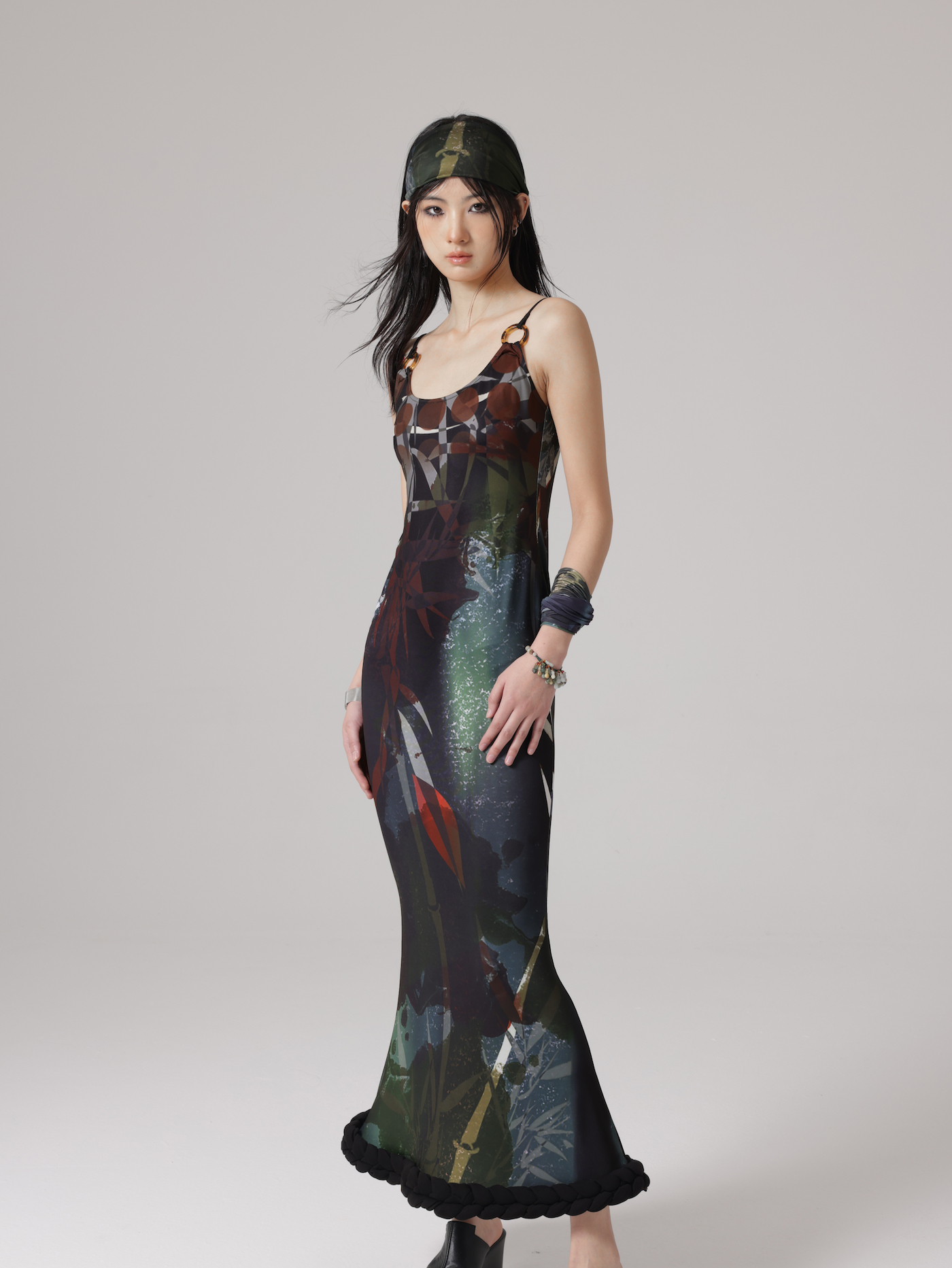 Chinese Style Print Fishtail Adjustment Suspender Dress