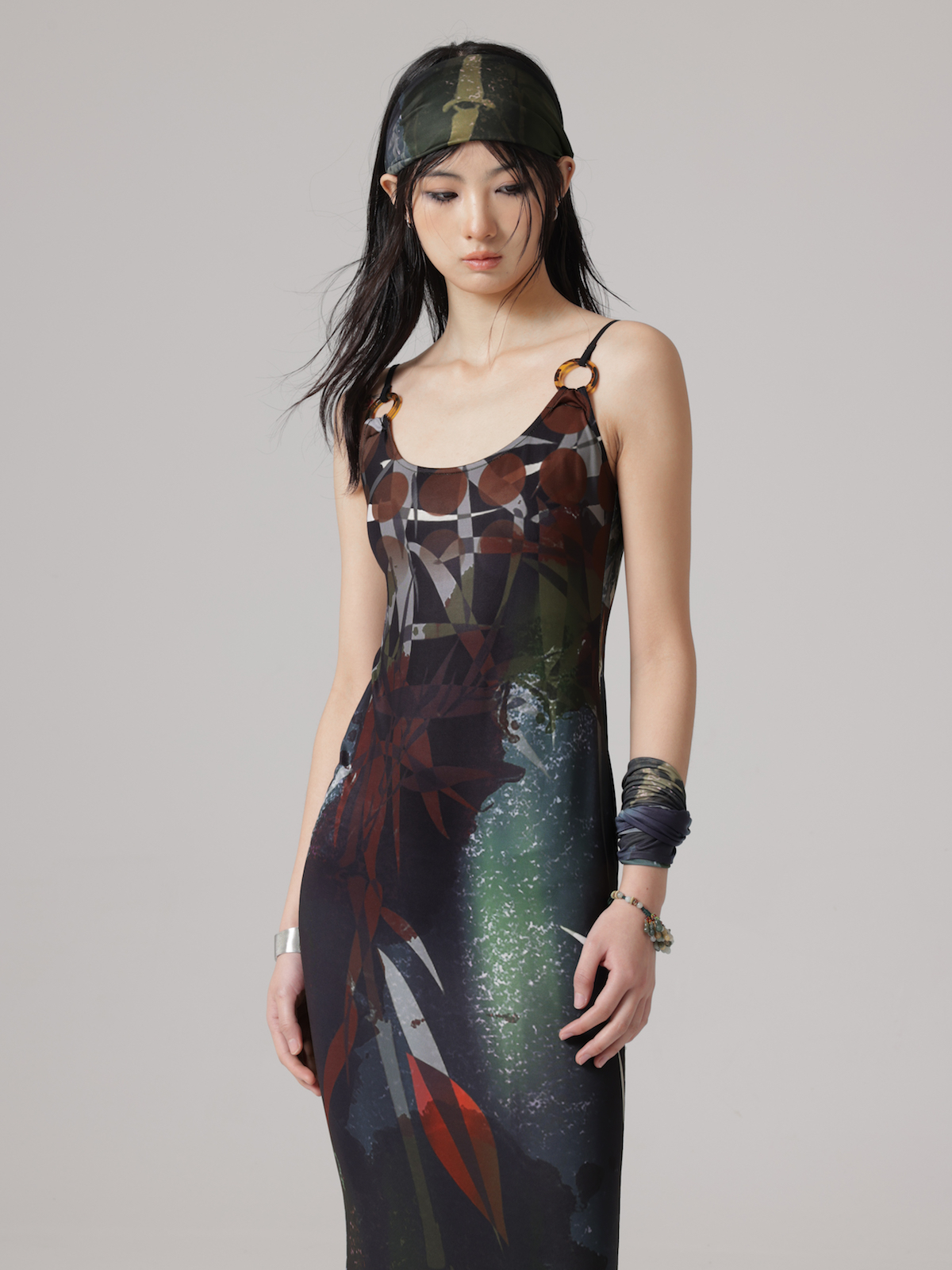 CHINESE STYLE PRINT FISHTAIL ADJUSTMENT SUSPENDER Dress