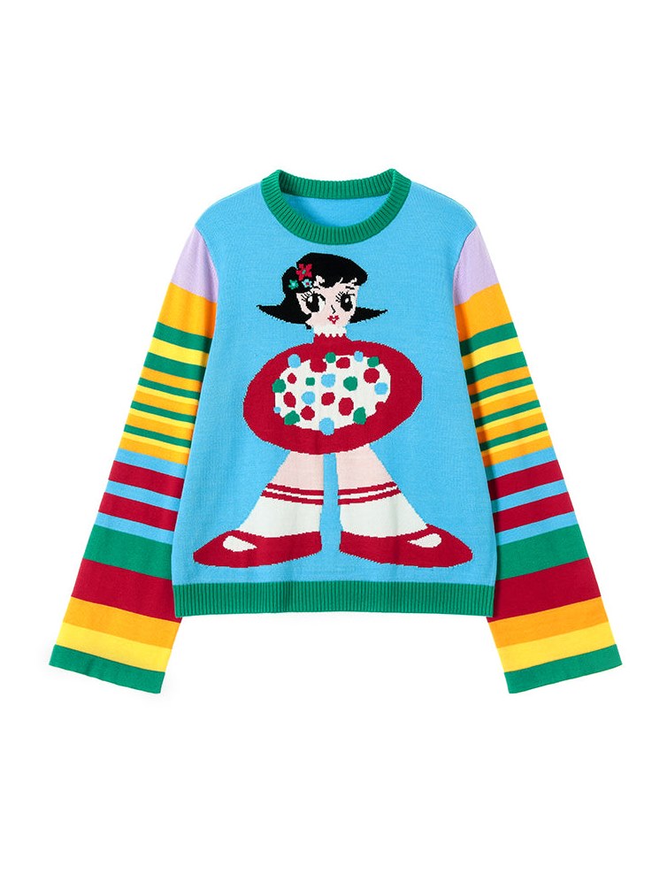 Rainbow Color Retro Striped Knitted Sweater