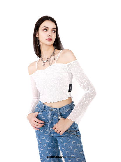 Off-Shouder Cropped Sheer Tight Tops