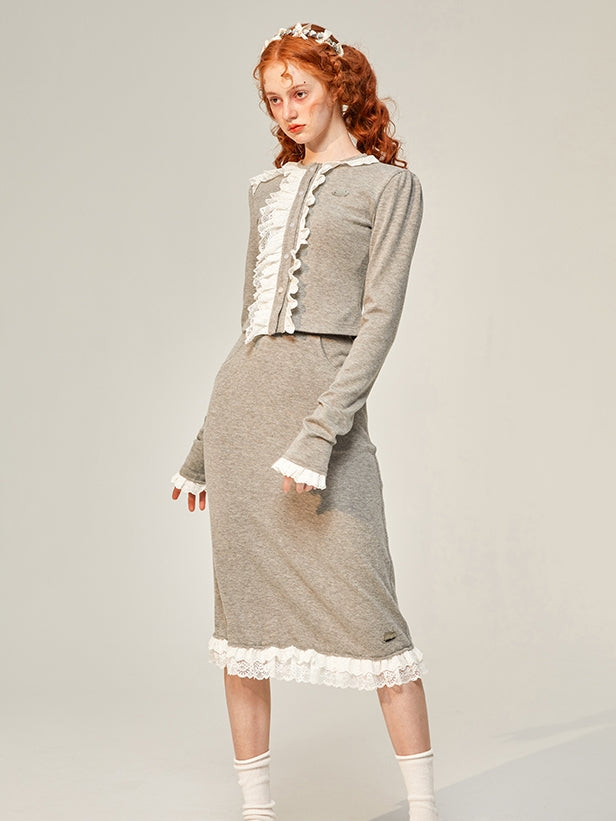 Frill Lace Classy Retro Mature Cardigan&amp;skirt