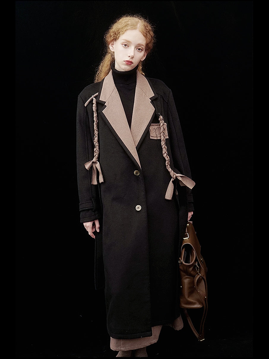 Contrasting Color Long Woolen Coat