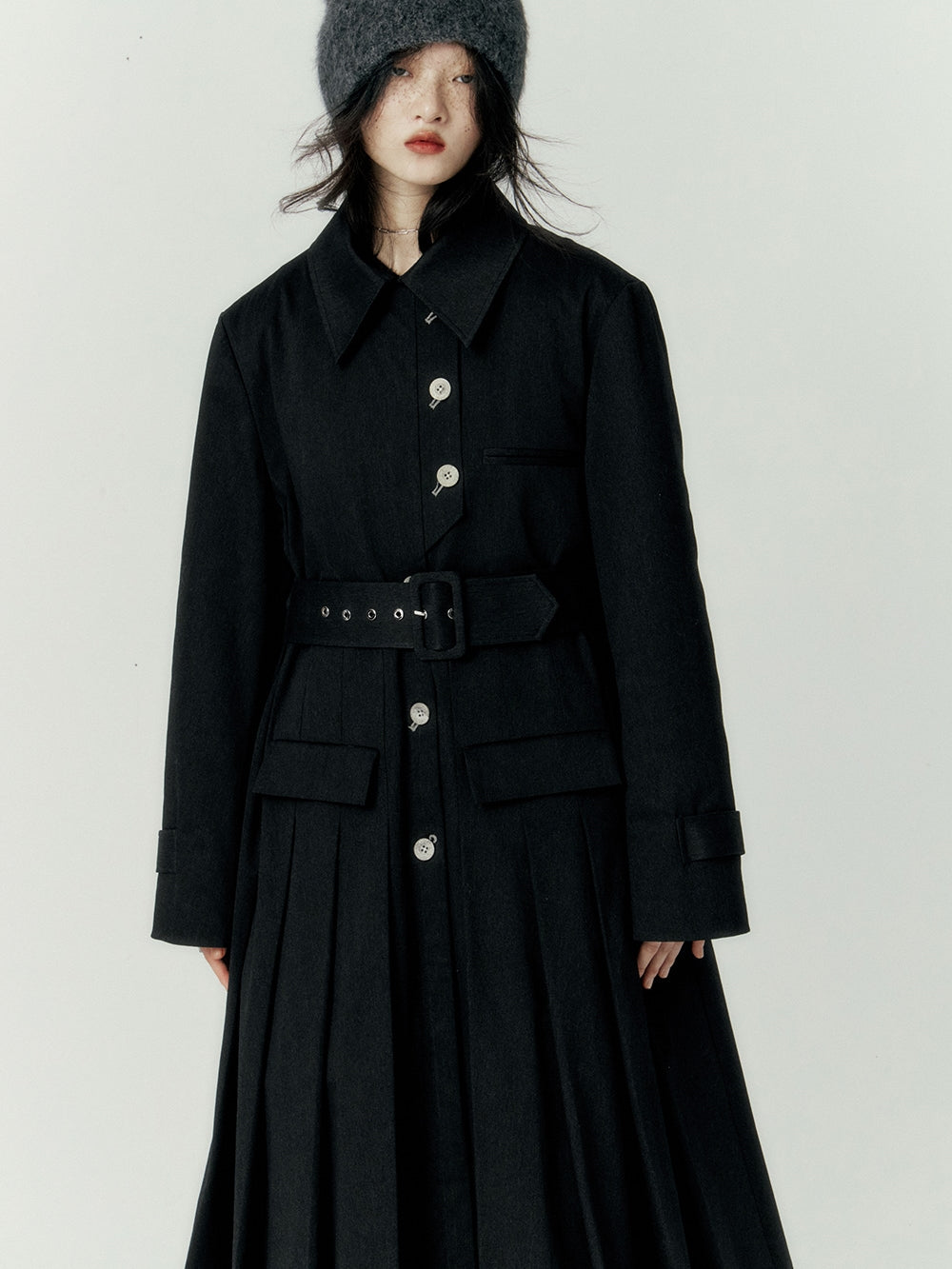 Pleats Wool Flare Long-coat