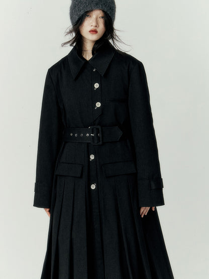 PLEATS WOOL FLARE LONG-COAT