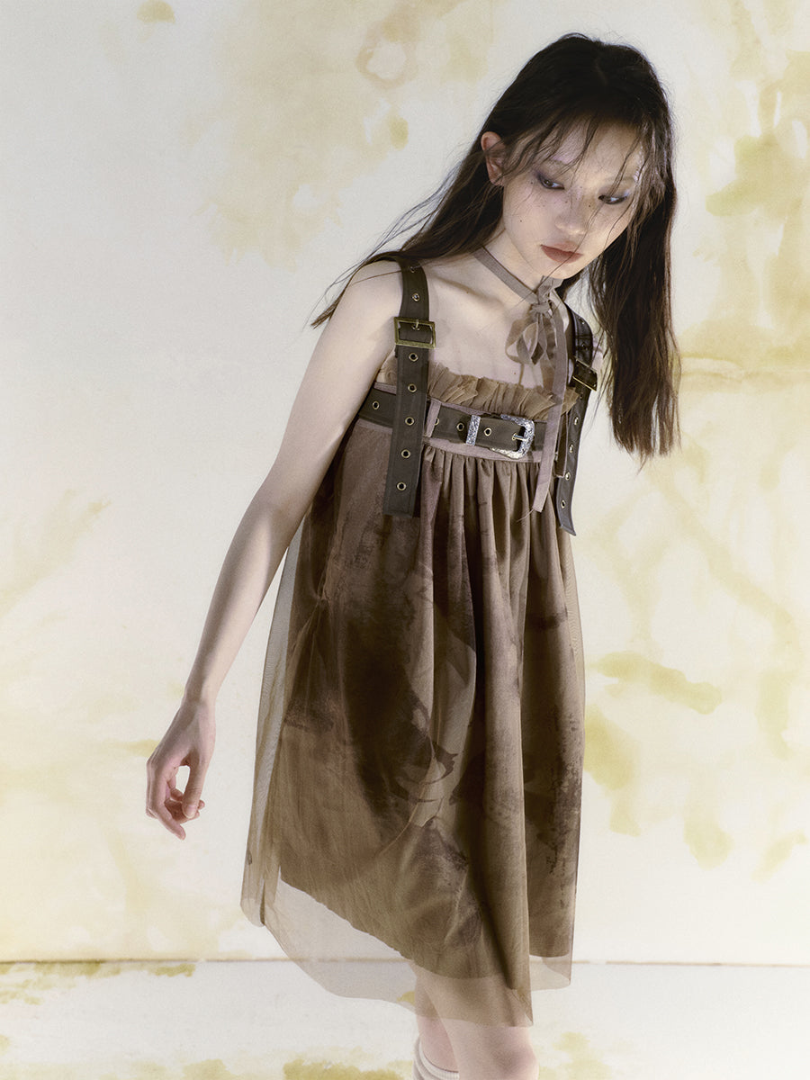 Belt Graffiti Suspender Gauze Dress