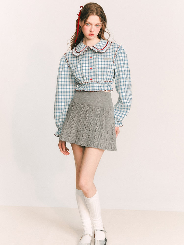 Plaid Doll Collar Puff Sleeve Shirt