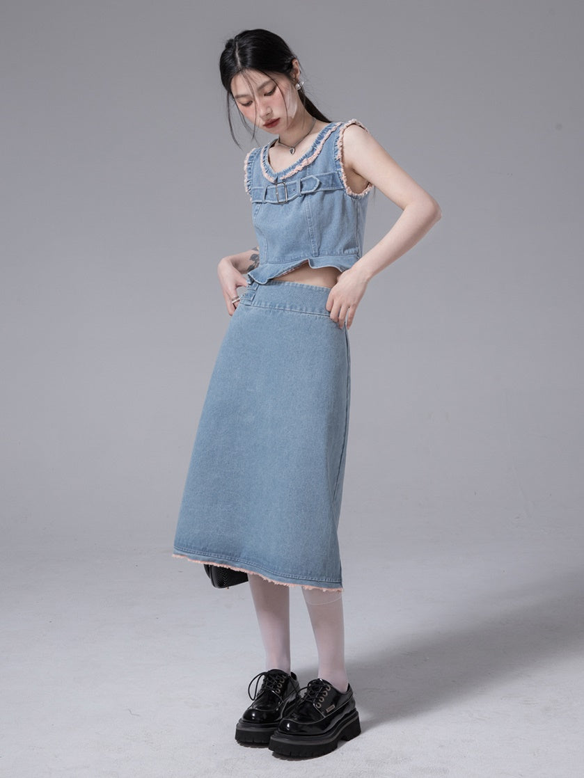 Denim Vest &amp; Skirt &amp; Bottoming T-Shirt Set-UP