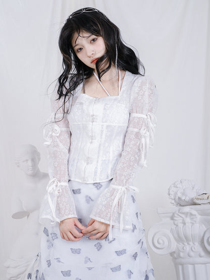 Fluffy Sheer Lace Ribbon Sweet Blouse