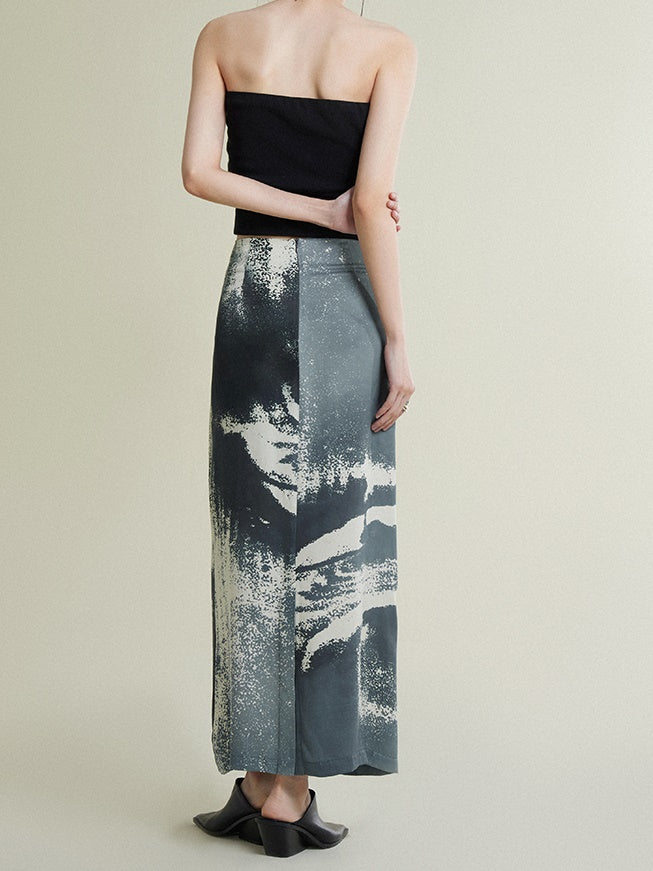 Waist Knitted Stitching Pleated Printed Skirt