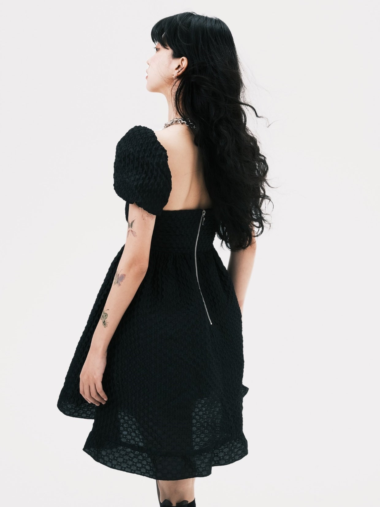 JACQUARD SQUARE NECK PUFF SLEEVE DRESS