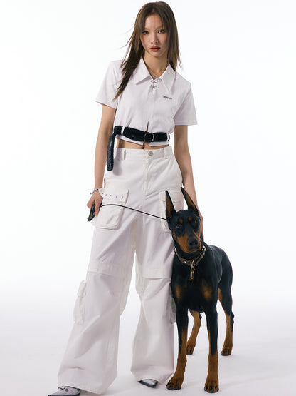 Multi-Pocket Loose Straight Wide-Leg Pants