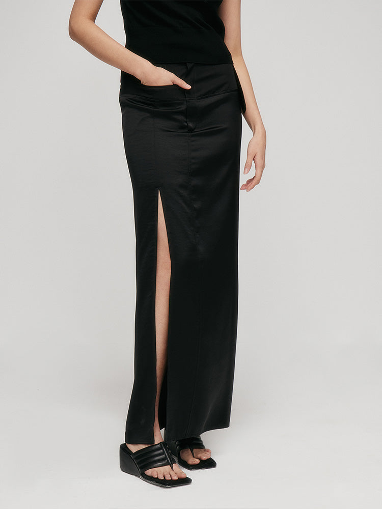 Satin Stitching Slit Skirt