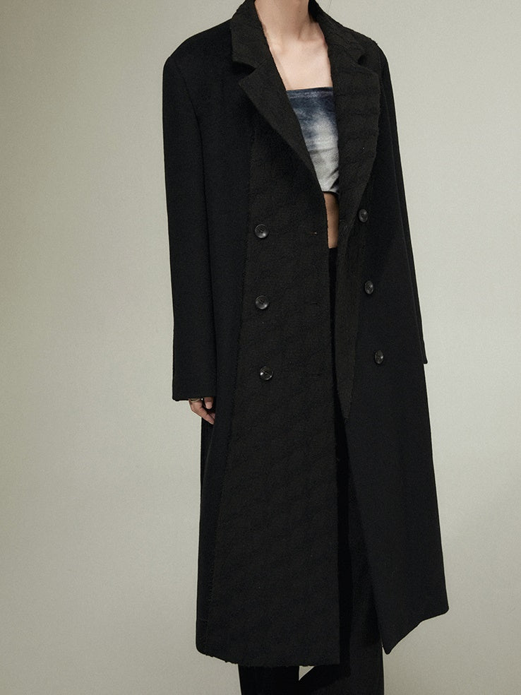 Geometric Texture Stitching Double-breasted Long Woolen Coat