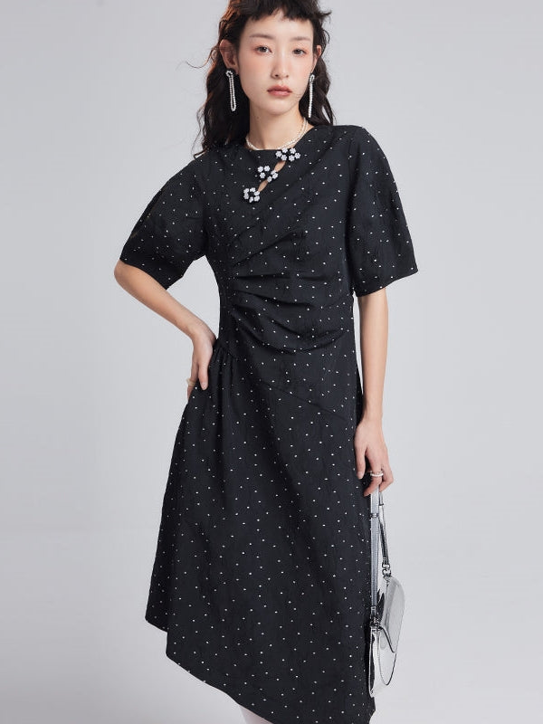 Bead Flower Jacquard Polka Dot Irregular Dress