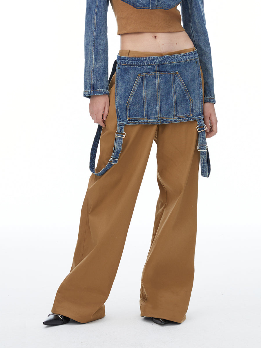 Denim Suspenders Wide-Leg Pants