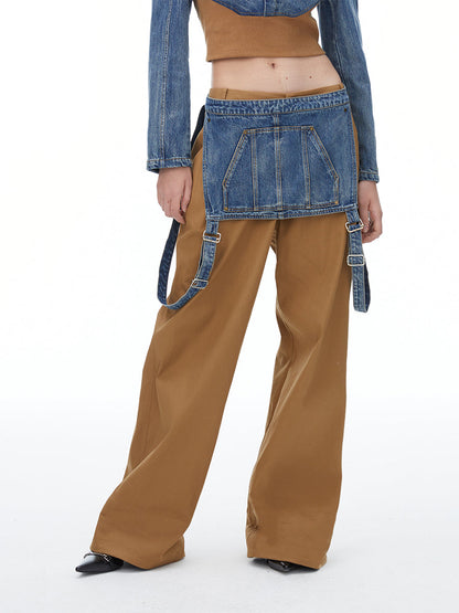 Denim Suspenders Wide-Leg Pants