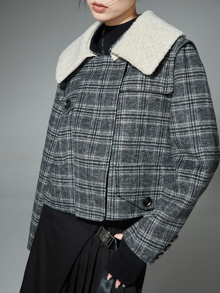 Grid-shaped Asymmetric Double-sided Short Jacket