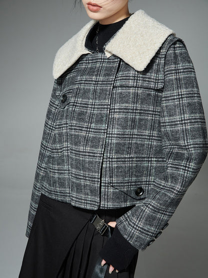 Grid-shaped Asymmetric Double-sided Short Jacket