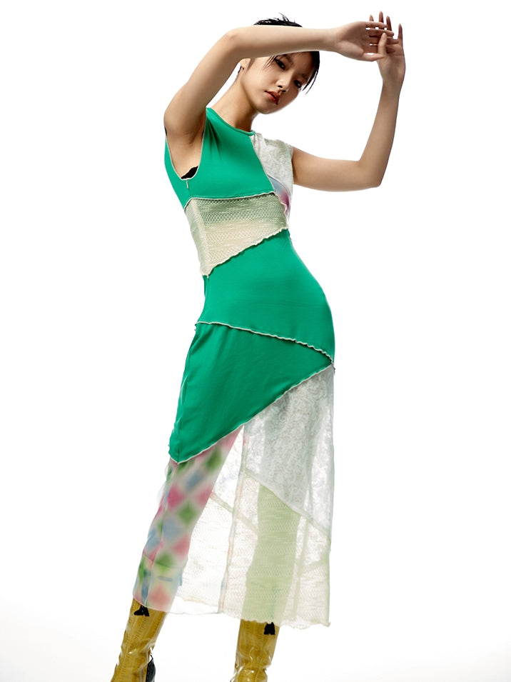 Multi-Color Stitching Color-Blocking Sleeveress Dress