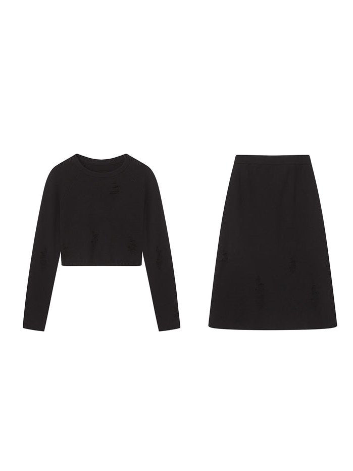 Short Hole Knit Sweater &amp; Skirt