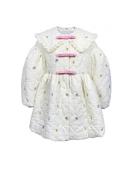 Flower Embroidery Loose Mid-length Cotton Quilted Coat