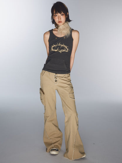 Ultra-low Waist Raw Edge Rivet Denim Flared Pants