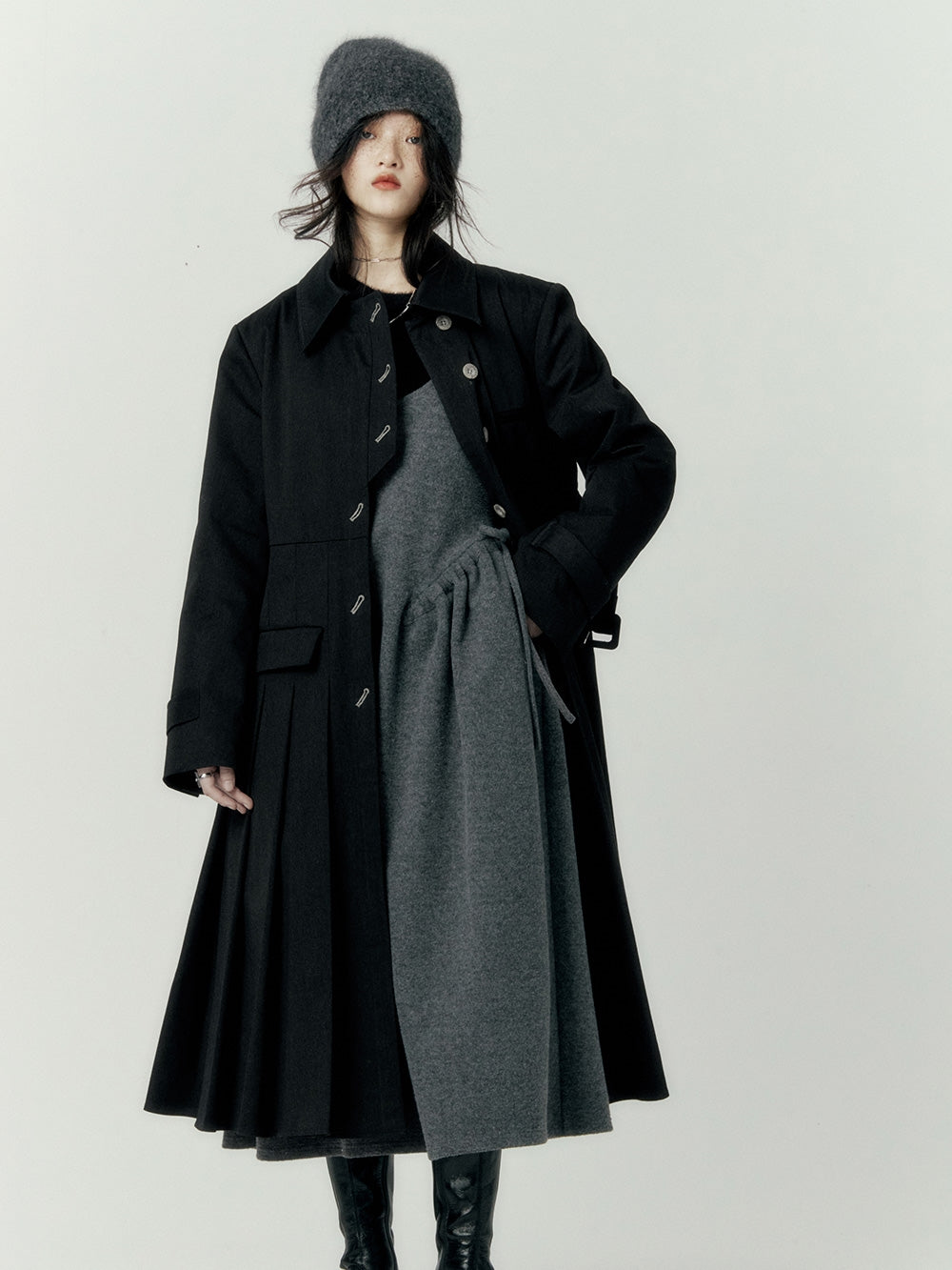 PLEATS WOOL FLARE LONG-COAT