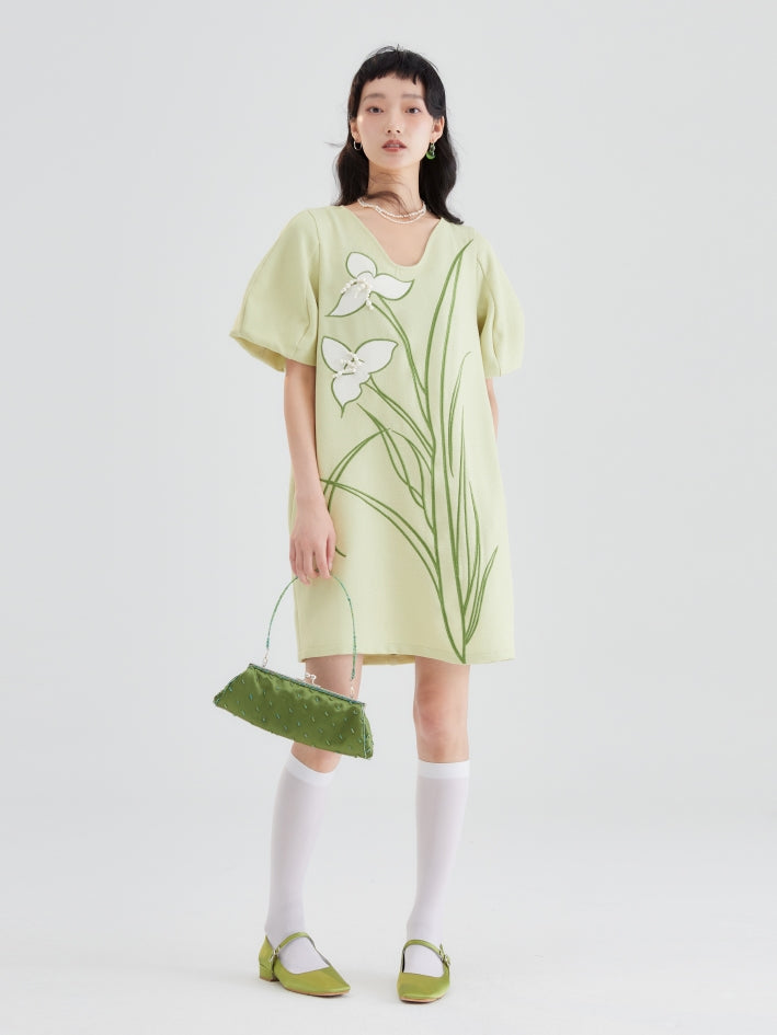 Embroidered Applique é Pearl Puff Sleeve Dress