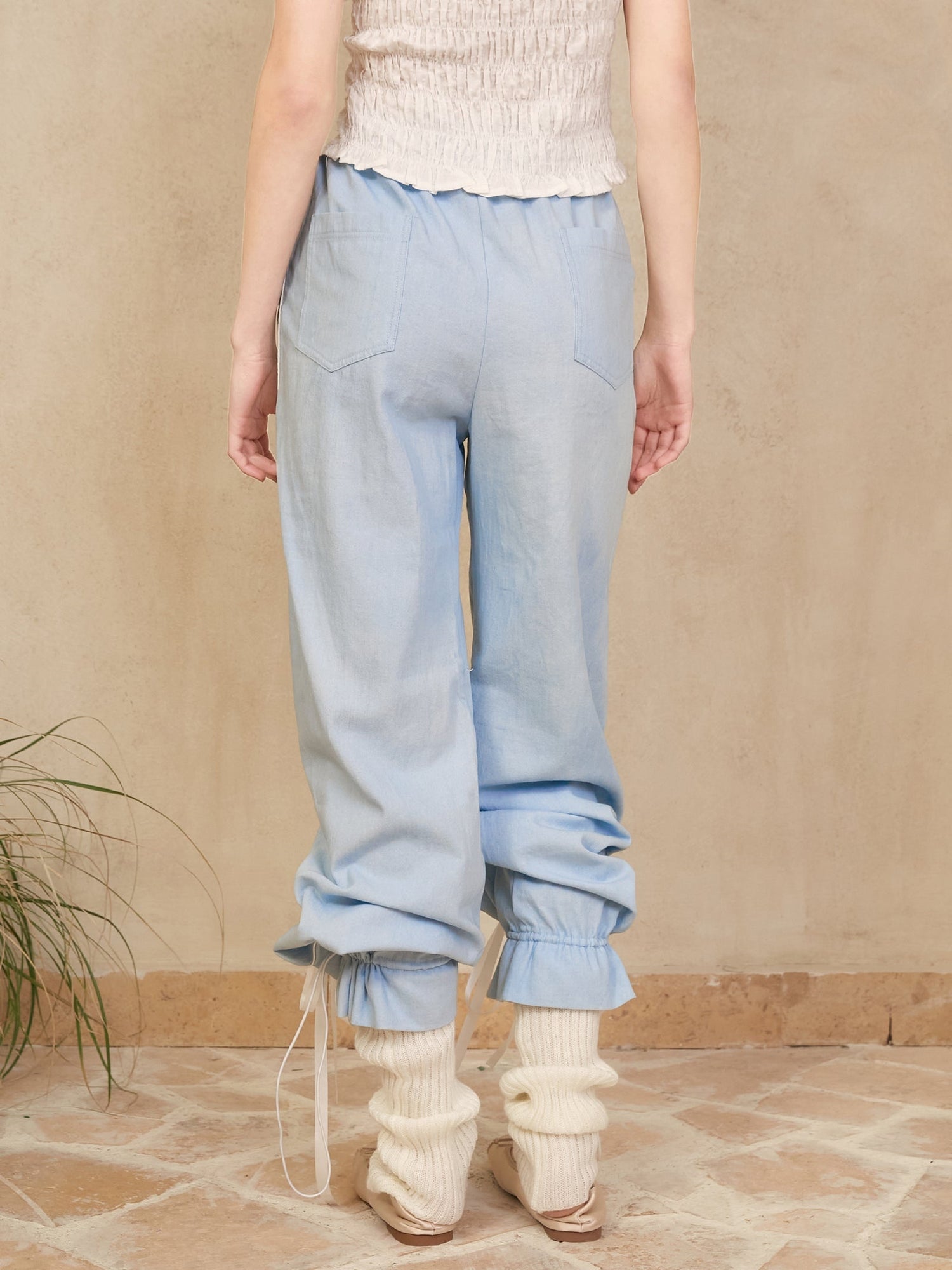 Denim Ballet Lace-up Ribbon Pants